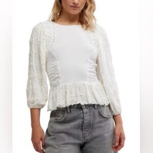 We The Free Olivia Top White Textured Sleeve Peplum Blouse Sz Small